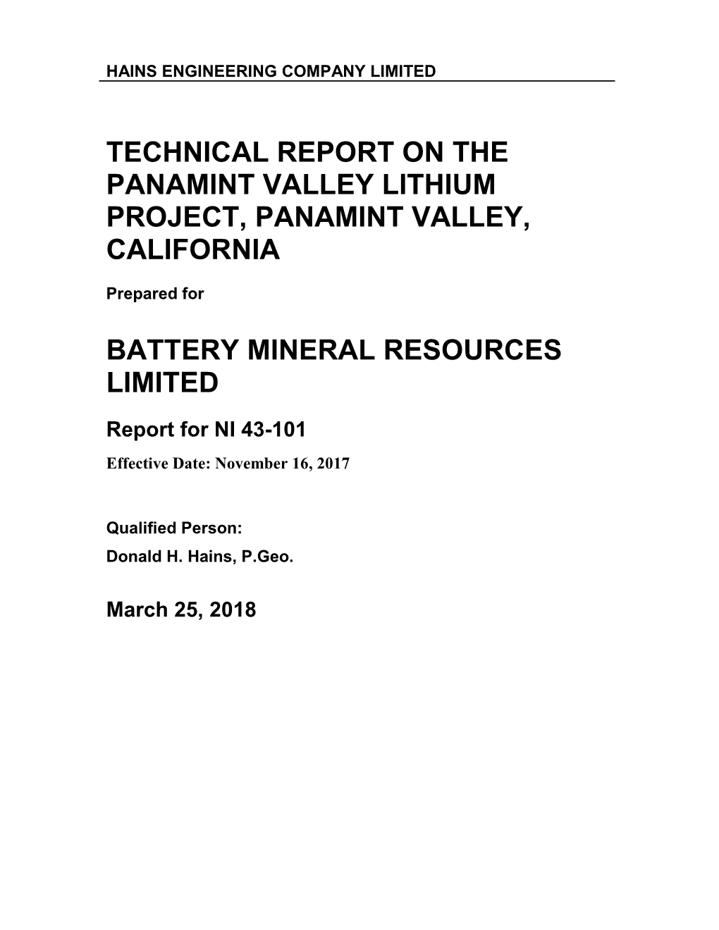 Hains Tech Report for Lithium Project