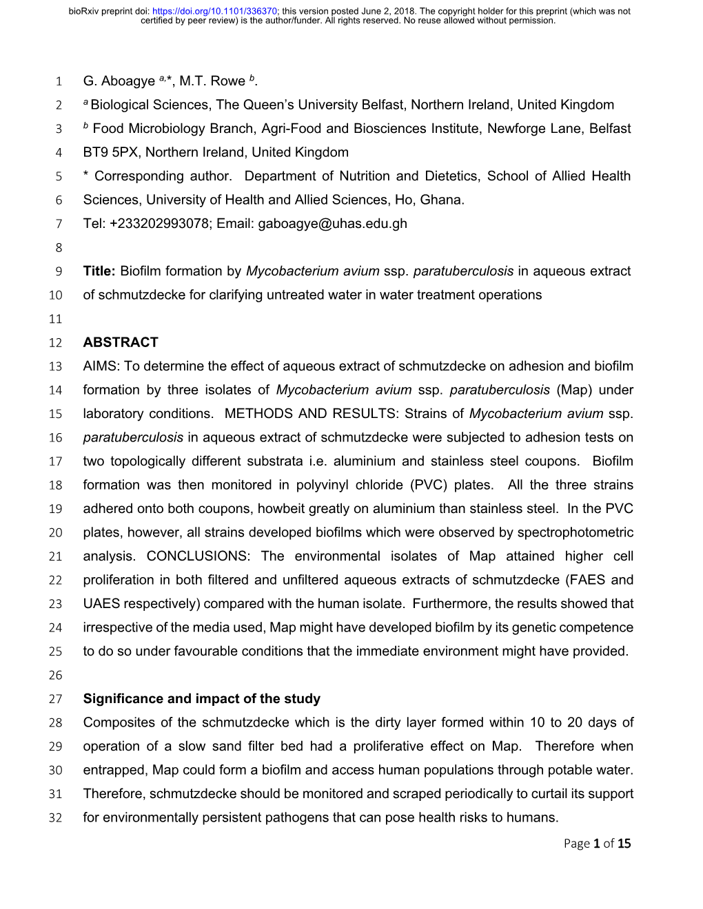 Biofilm Formation by Mycobacterium Avium Ssp. Paratuberculosis In