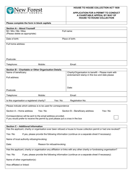 Charity House to House Collection Application Form
