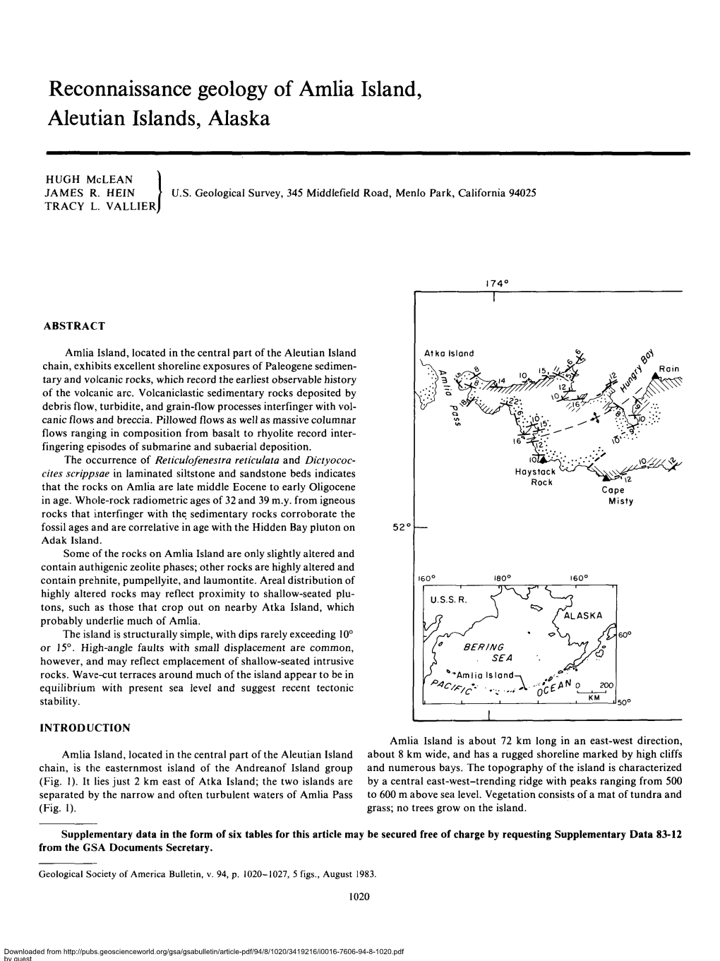 Reconnaissance Geology of Amlia Island, Aleutian Islands, Alaska