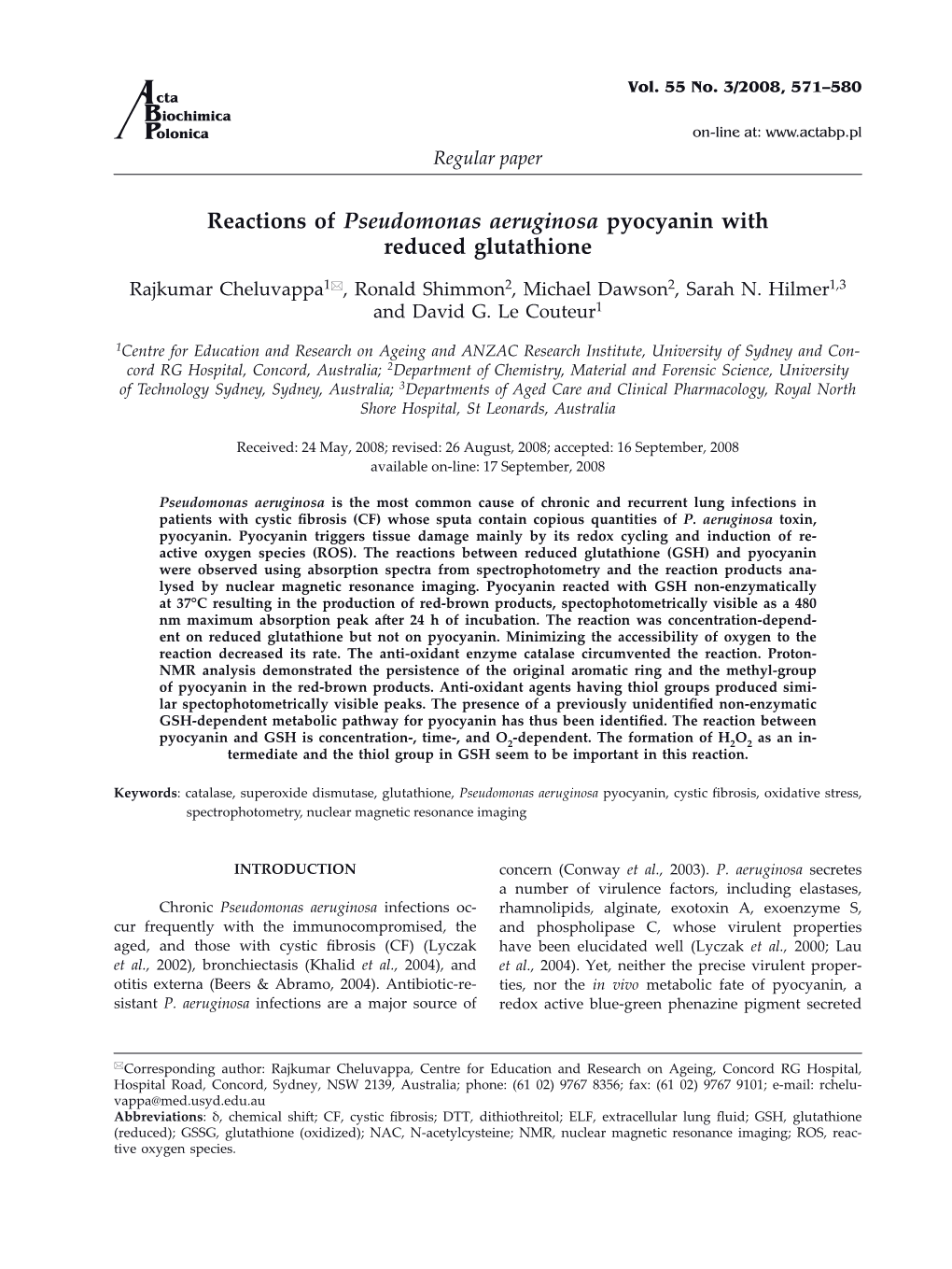 Reactions of Pseudomonas Aeruginosa Pyocyanin with Reduced Glutathione