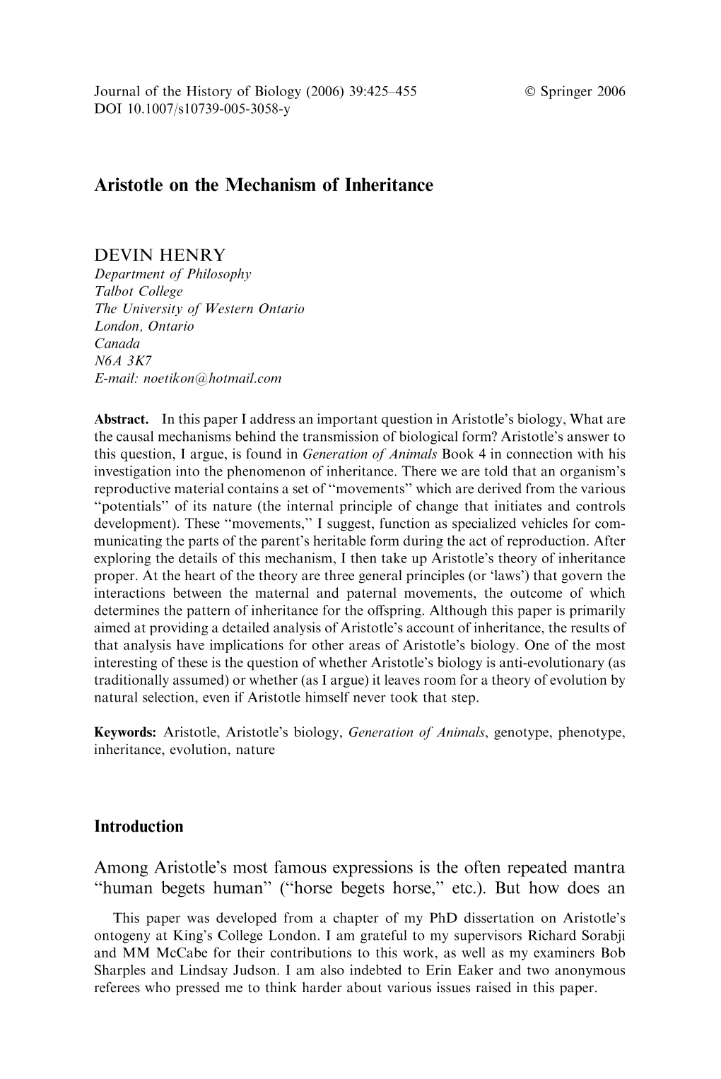 Aristotle on the Mechanism of Inheritance