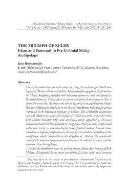 THE TRIUMPH of RULER Islam and Statecraft in Pre-Colonial Malay- Archipelago1