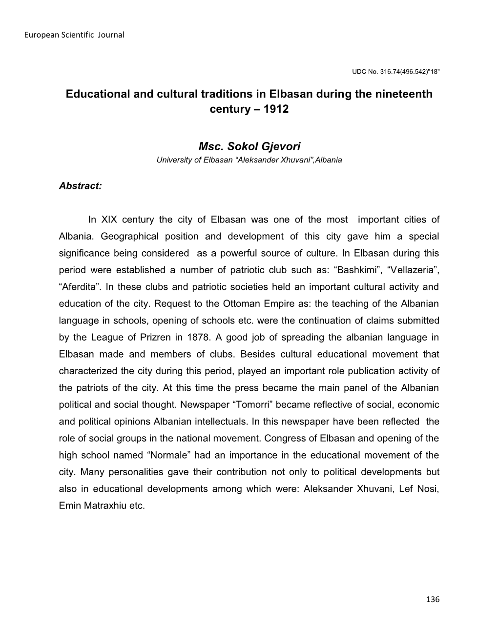 Educational and Cultural Traditions in Elbasan During the Nineteenth Century – 1912