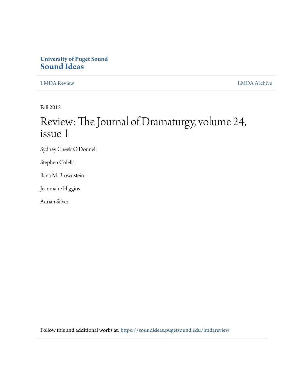 Review: the Journal of Dramaturgy, Volume 24, Issue 1