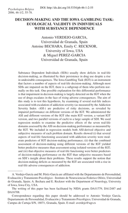 Decision-Making and the Iowa Gambling Task: Ecological Validity in Individuals with Substance Dependence