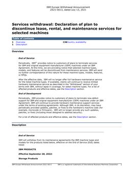 Services Withdrawal: Declaration of Plan to Discontinue Lease, Rental, and Maintenance Services for Selected Machines