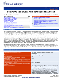 OCCIPITAL NEURALGIA and HEADACHE TREATMENT Policy Number: PAIN 018.21 T2 Effective Date: February 1, 2018