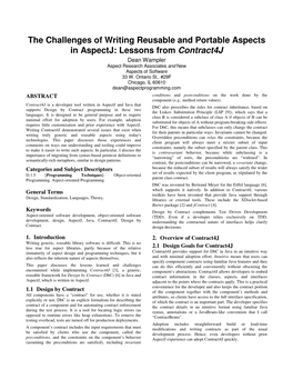 The Challenges of Writing Reusable and Portable Aspects in Aspectj: Lessons from Contract4j Dean Wampler and Aspect Research Associates New Aspects of Software 33 W