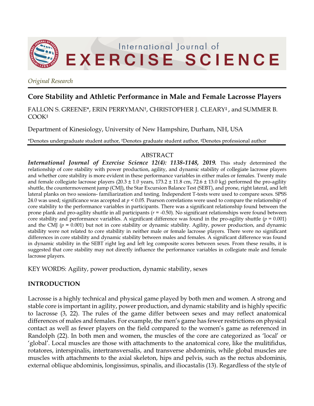 Core Stability and Athletic Performance in Male and Female Lacrosse Players