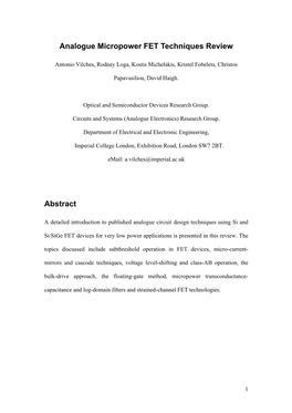 Analogue Micropower FET Techniques Review Abstract