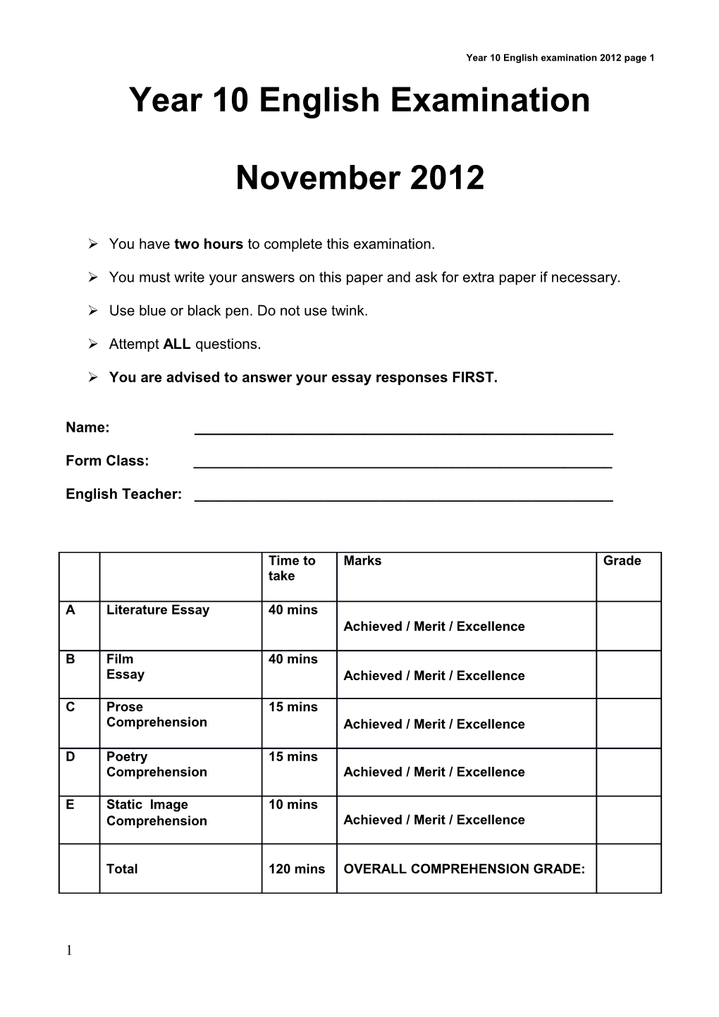 Year 10 English Examination 2012 Page 1