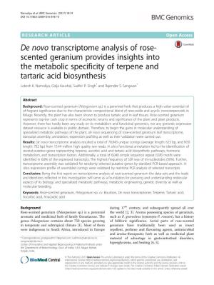 De Novo Transcriptome Analysis of Rose-Scented Geranium Provides Insights Into the Metabolic Specificity of Terpene and Tartaric