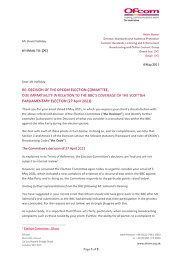 Letter from Ofcom to Mr David Halliday, on a Due Impartiality Complaint