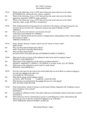 2011 TSJCL Certamen Intermediate Round 1 Intermediate Round 1, Page 1 TU#1