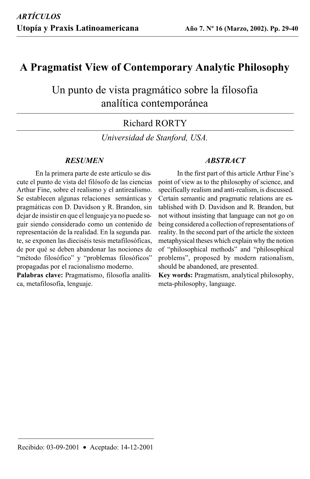 A Pragmatist View of Contemporary Analytic Philosophy Un Punto De