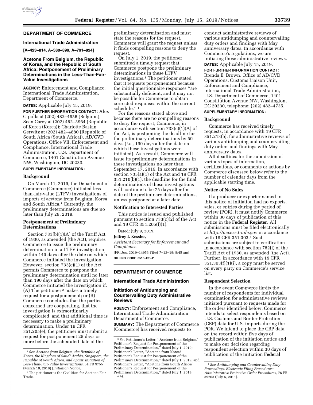 Federal Register/Vol. 84, No. 135/Monday, July 15, 2019/Notices