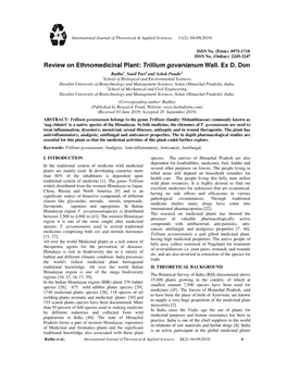 Review on Ethnomedicinal Plant: Trillium Govanianum Wall. Ex D