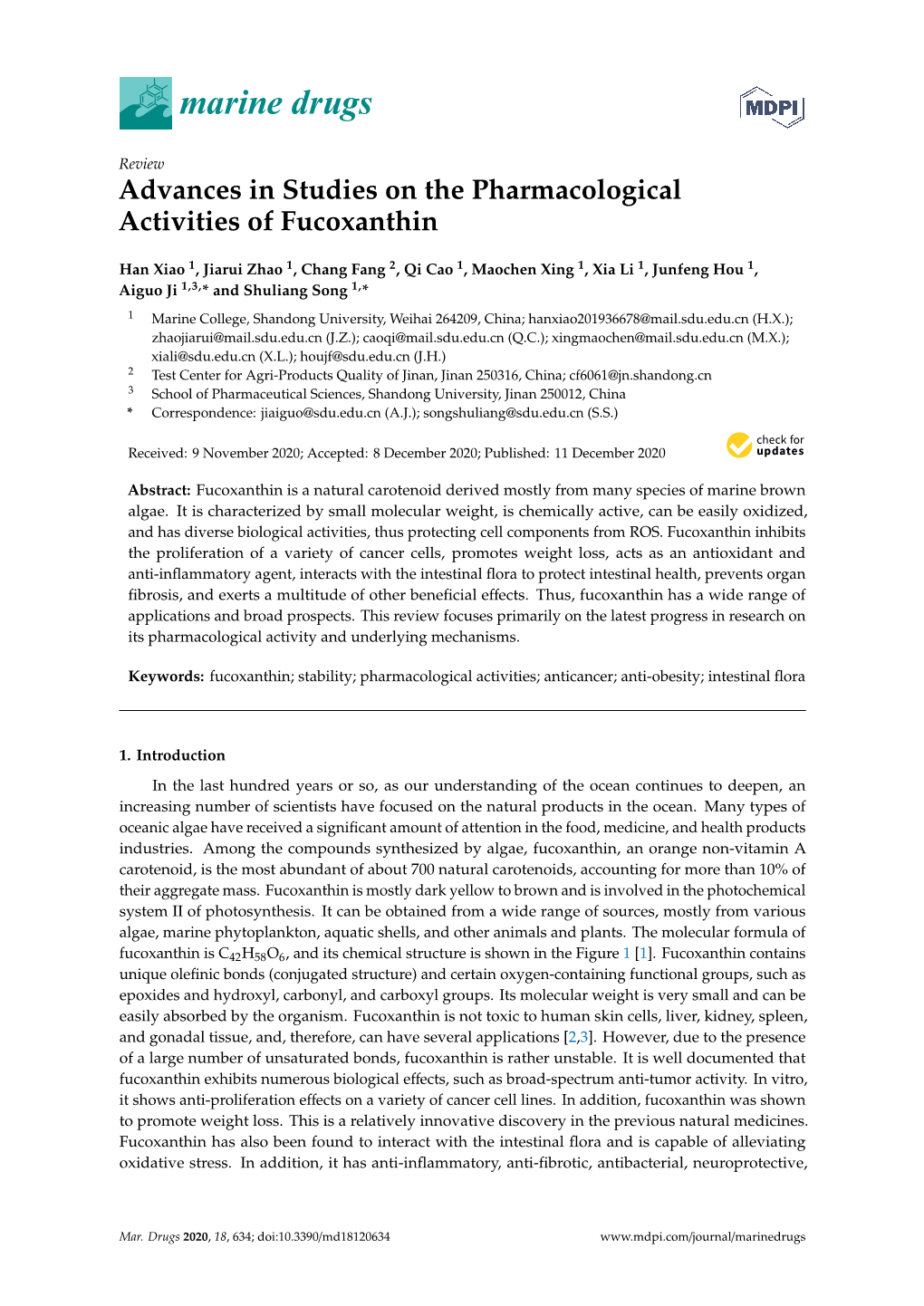 Advances in Studies on the Pharmacological Activities of Fucoxanthin