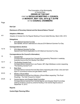 ORDER of the DAY for the REGULAR MEETING of COUNCIL on MONDAY, MAY 12Th, 2014 @ 7:30 PM in the COUNCIL CHAMBERS Page