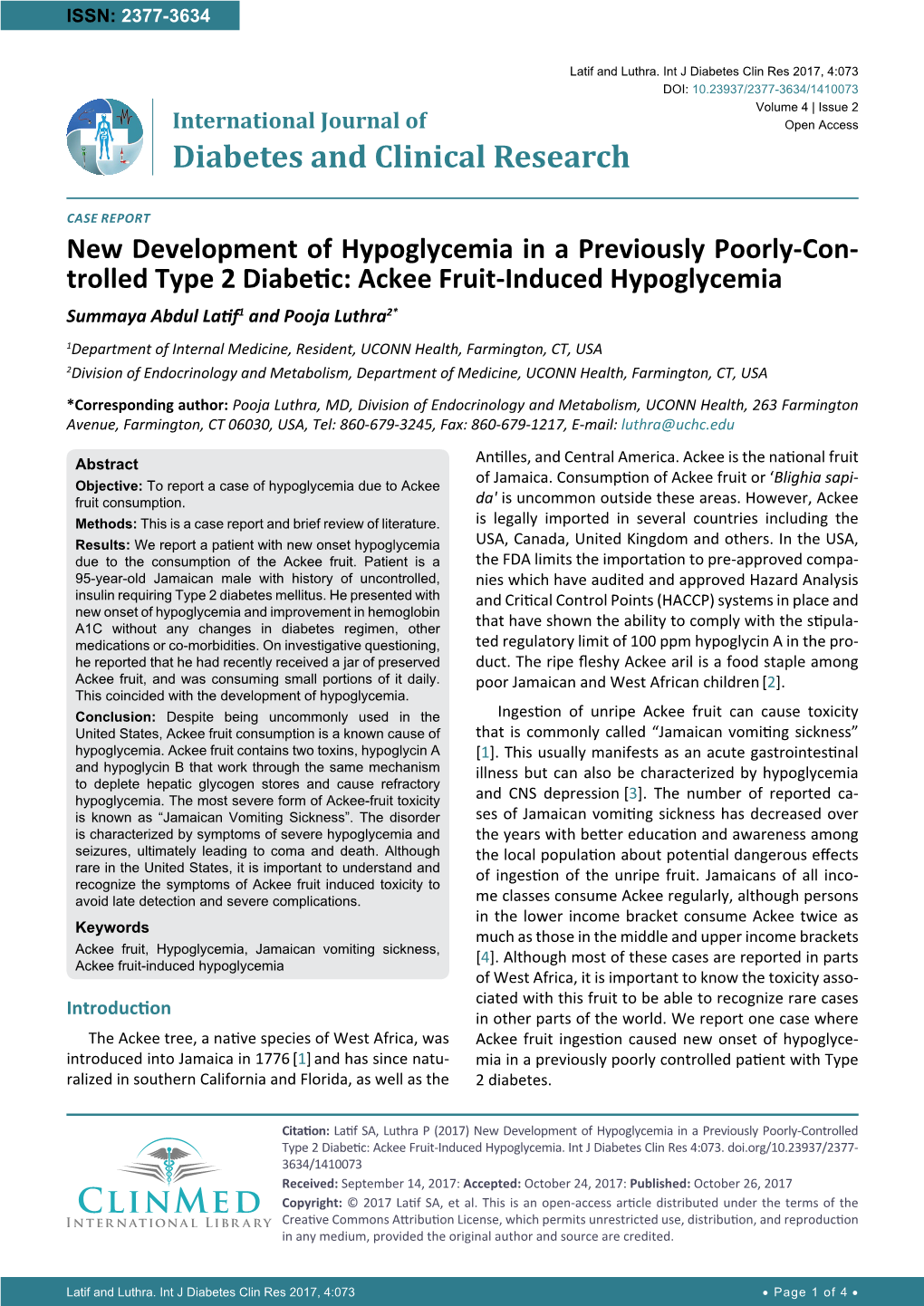 Ackee Fruit-Induced Hypoglycemia