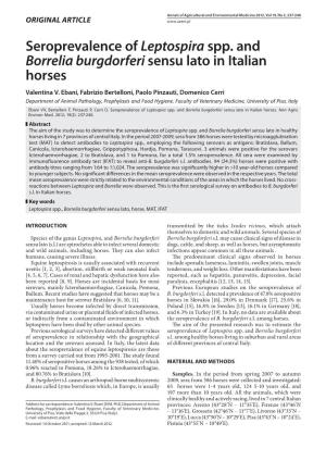 Seroprevalence of Leptospira Spp. and Borrelia Burgdorferisensu Lato in Italian Horses