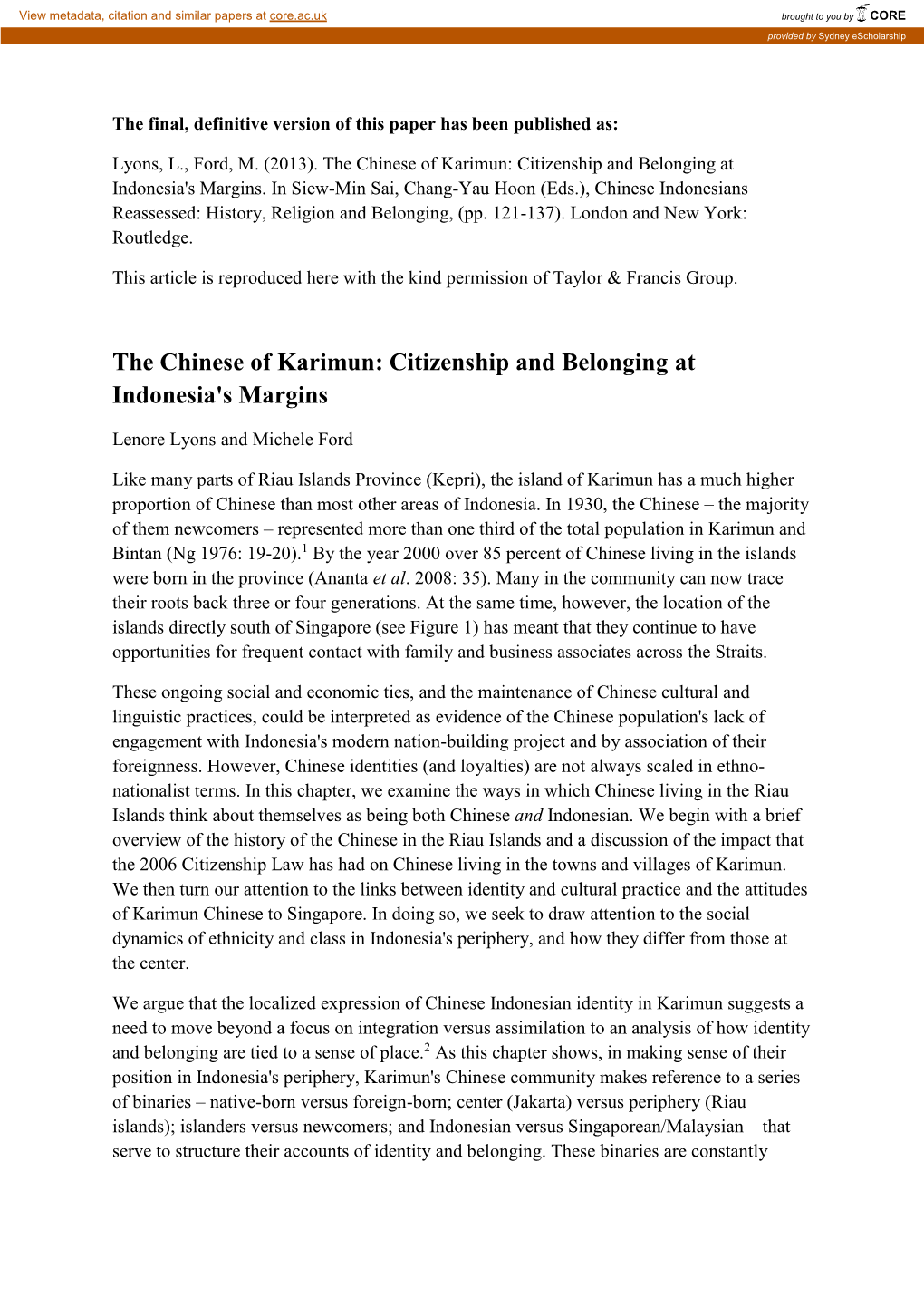 The Chinese of Karimun: Citizenship and Belonging at Indonesia's Margins