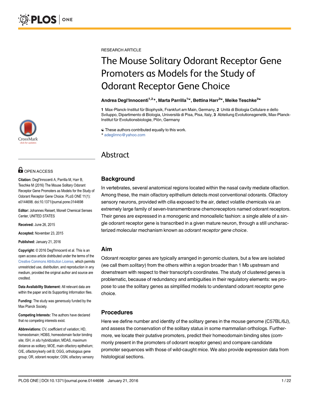 The Mouse Solitary Odorant Receptor Gene Promoters As Models for the Study of Odorant Receptor Gene Choice