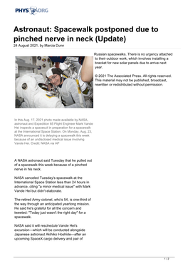 Astronaut: Spacewalk Postponed Due to Pinched Nerve in Neck (Update) 24 August 2021, by Marcia Dunn