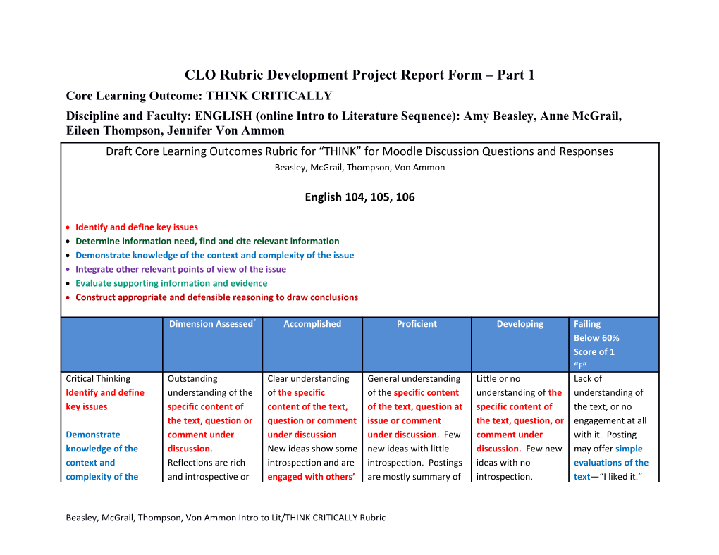 CLO Rubric Development Project Report Form Part 1