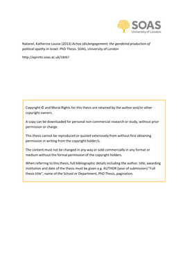 Natanel, Katherine Louise (2013) Active (Dis)Engagement: the Gendered Production of Political Apathy in Israel