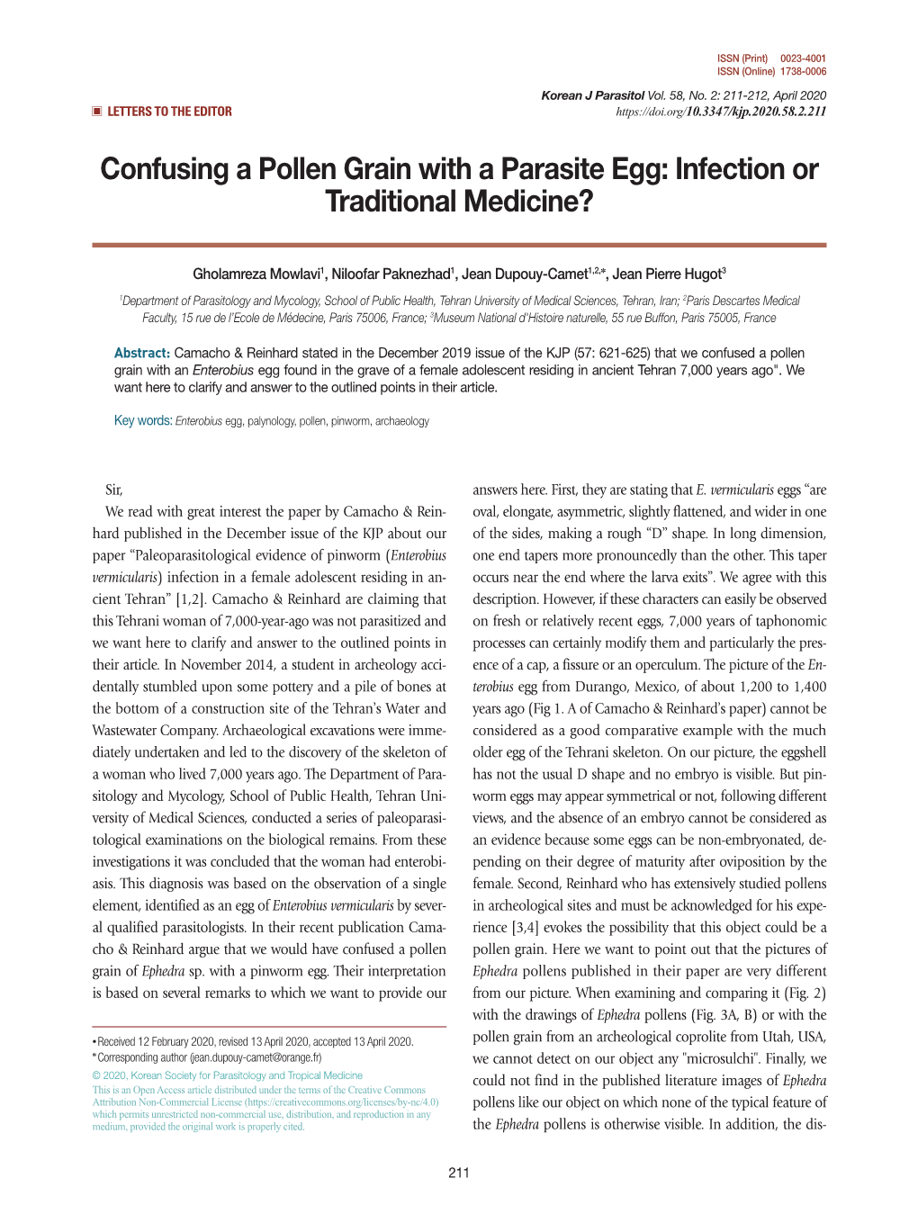 Confusing a Pollen Grain with a Parasite Egg: Infection Or Traditional Medicine?