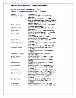 Twenty-Sixth Dáil (12.7.1989 - 5.11.1992) Twenty First Government (12.7.1989 - 11.2.1992)