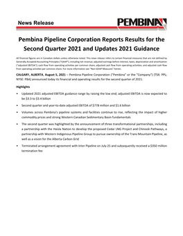 Pembina Pipeline Corporation Reports Results for the Second