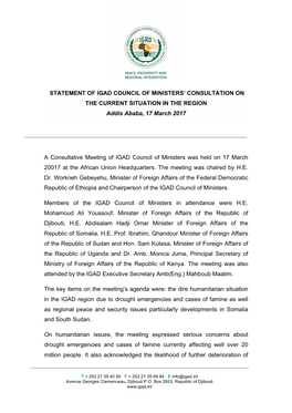STATEMENT of IGAD COUNCIL of MINISTERS’ CONSULTATION on the CURRENT SITUATION in the REGION Addis Ababa, 17 March 2017