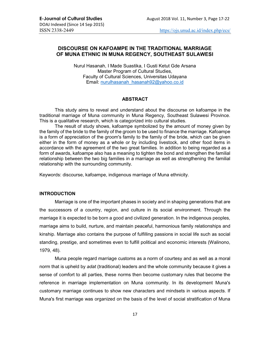 Discourse on Kafoampe in the Traditional Marriage of Muna Ethnic in Muna Regency, Southeast Sulawesi