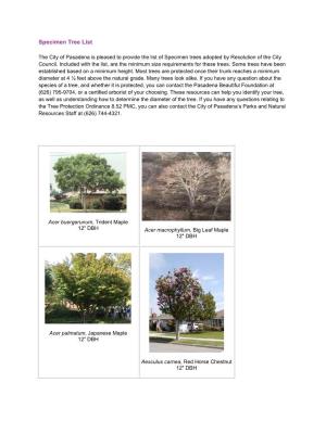 Specimen Tree List