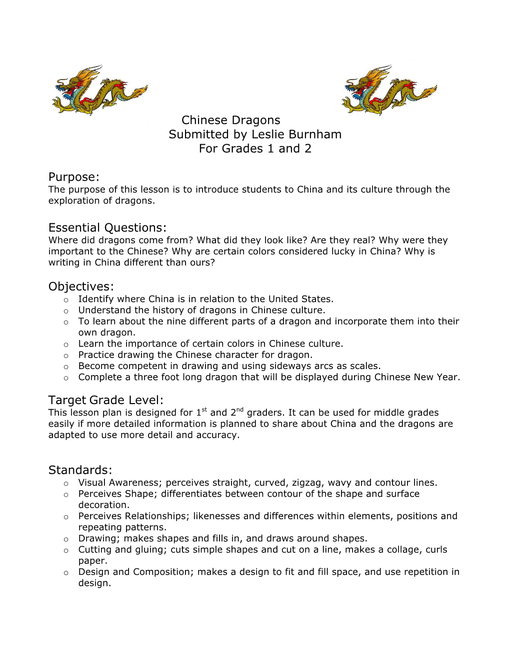Chinese Dragons Submitted by Leslie Burnham for Grades 1 and 2 Purpose