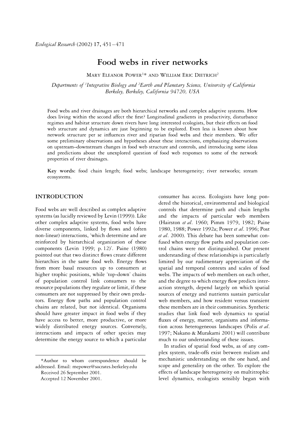 Food Webs in River Networks M