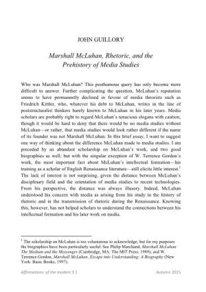 Marshall Mcluhan, Rhetoric, and the Prehistory of Media Studies