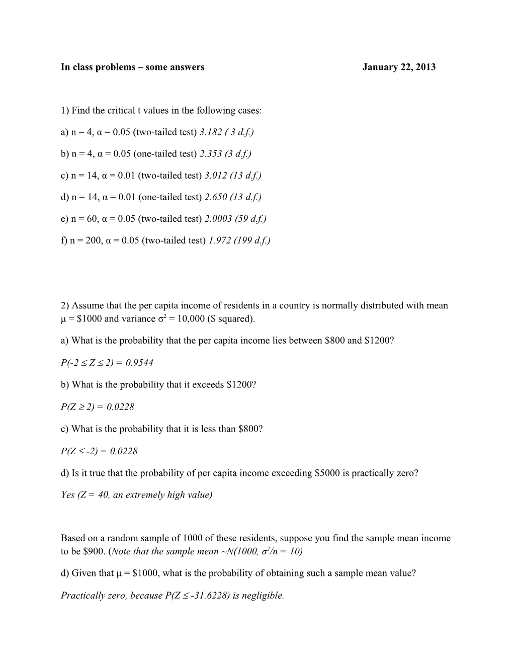 In Class Problems Some Answers January 22, 2013