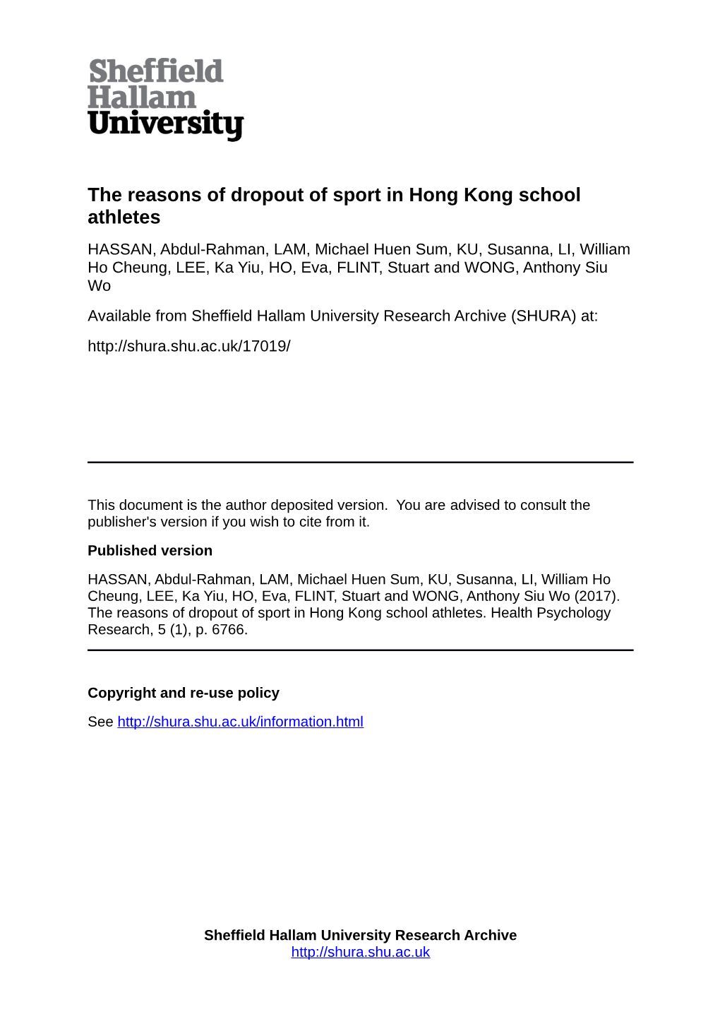 The Reasons of Dropout of Sport in Hong Kong School Athletes