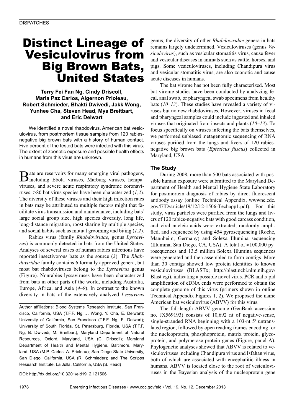 Distinct Lineage of Vesiculovirus from Big Brown Bats, United States