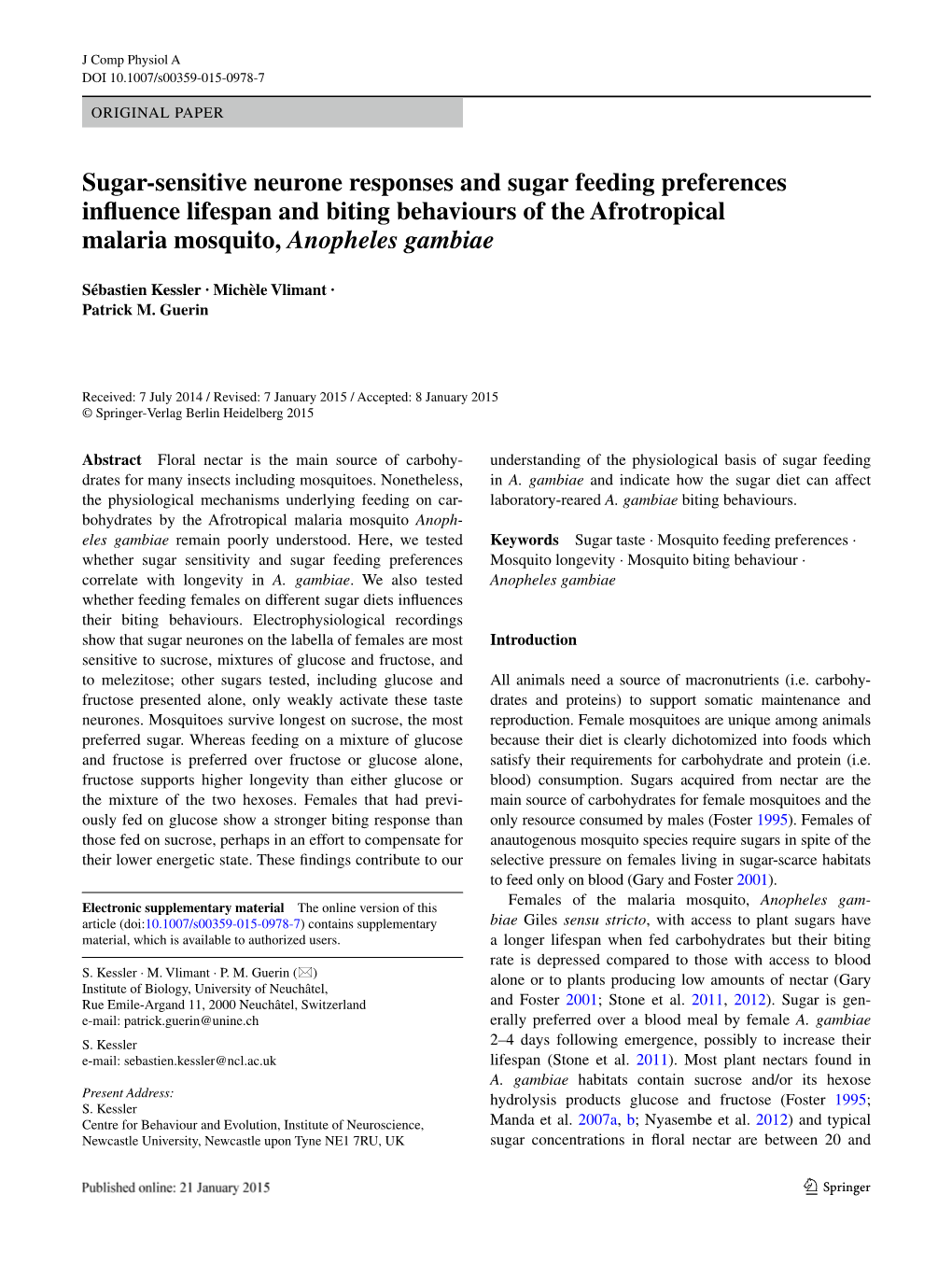 Sugar‑Sensitive Neurone Responses and Sugar Feeding Preferences Influence Lifespan and Biting Behaviours of the Afrotropical Malaria Mosquito, Anopheles Gambiae