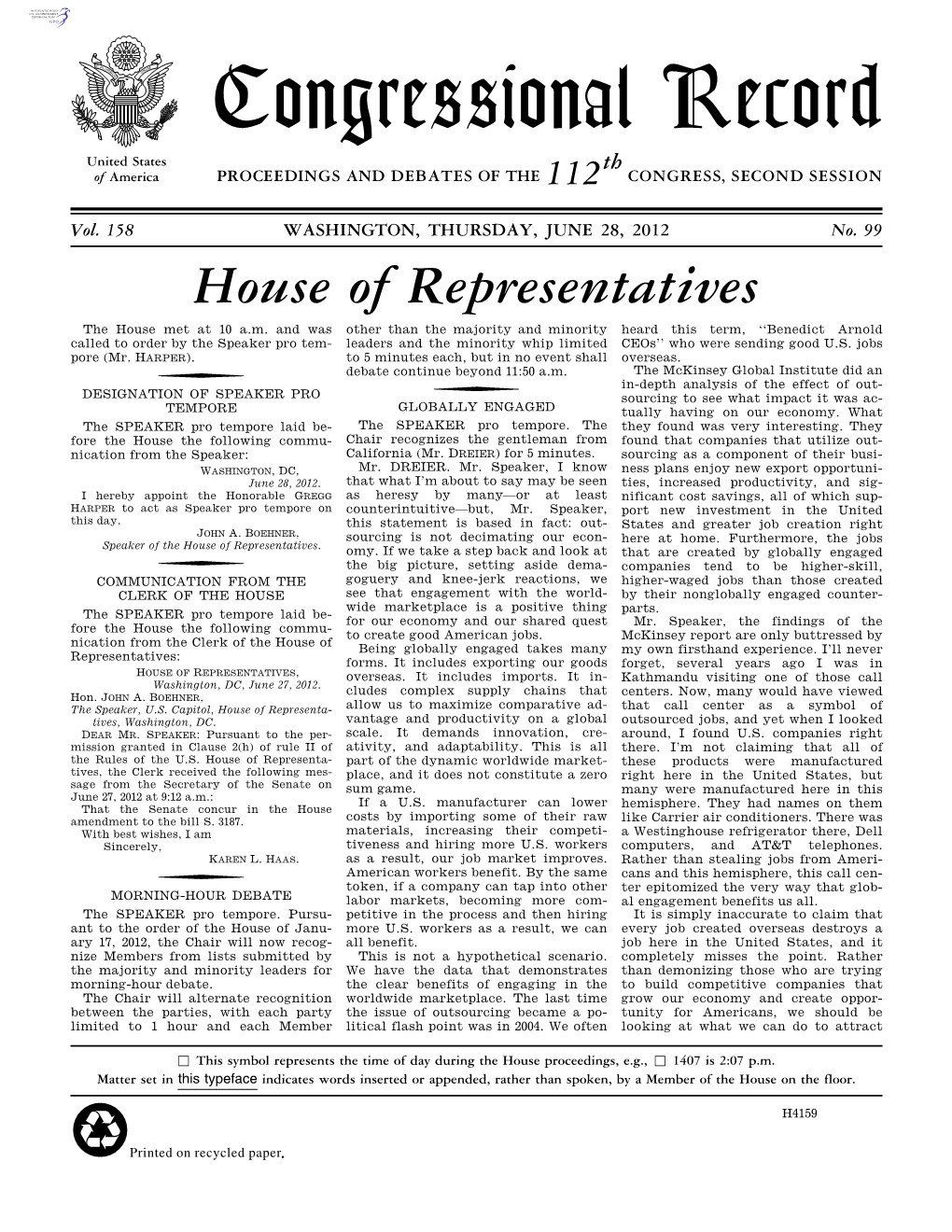 Congressional Record United States Th of America PROCEEDINGS and DEBATES of the 112 CONGRESS, SECOND SESSION