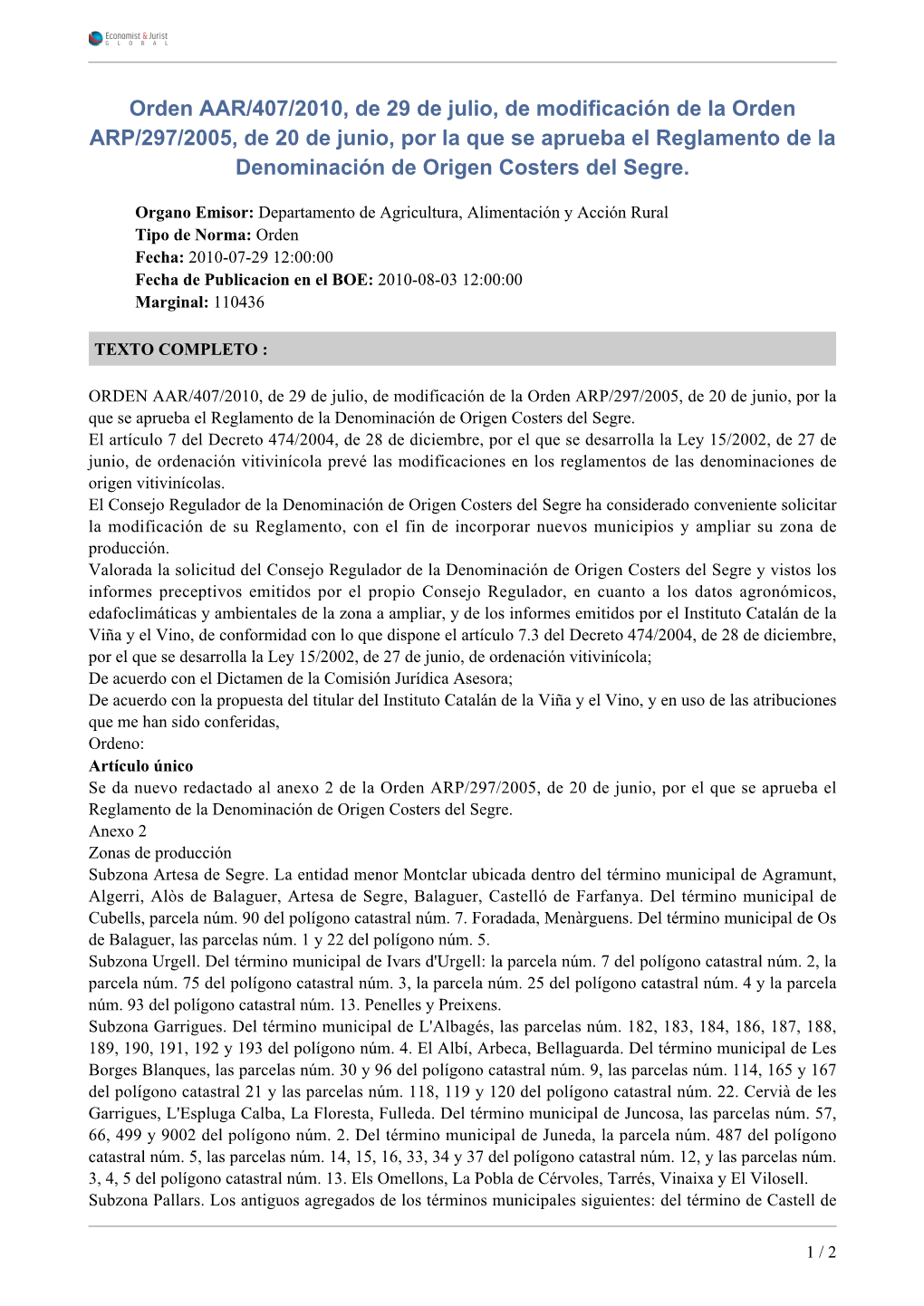 Orden AAR/407/2010, De 29 De Julio, De Modificación De La Orden ARP