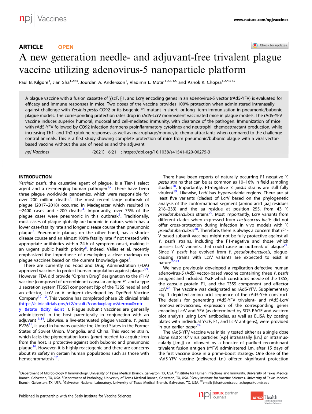 And Adjuvant-Free Trivalent Plague Vaccine Utilizing Adenovirus-5 Nanoparticle Platform ✉ ✉ Paul B