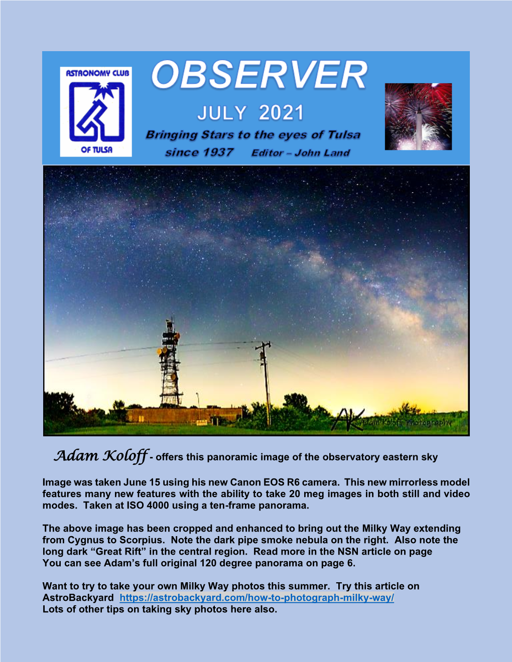 Adam Koloff - Offers This Panoramic Image of the Observatory Eastern Sky