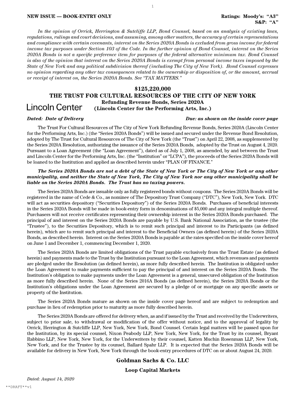 Lincoln Center for the Performing Arts, Inc. Refunding Revenue Bonds, Series 2020 Official Statement
