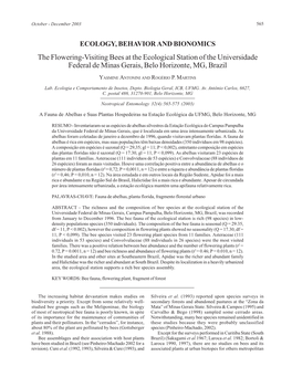 The Flowering-Visiting Bees at the Ecological Station of the Universidade Federal De Minas Gerais, Belo Horizonte, MG, Brazil
